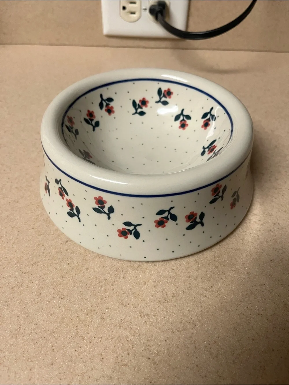 Polish Pottery Ceramic Dog Cat Floral Flower Food Dish Bowl